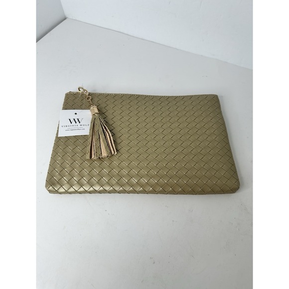 Virginia Wolf Handbags - NWT Virginia Wolf‎ Woven Pouch Metallic Gold Faux Leather Clutch w/Tassel Purse
